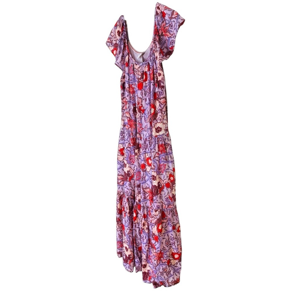 Knox Rose MEDIUM Purple Haze Floral Flutter Sleeve Tiered Maxi Dress Pockets - Picture 4 of 10